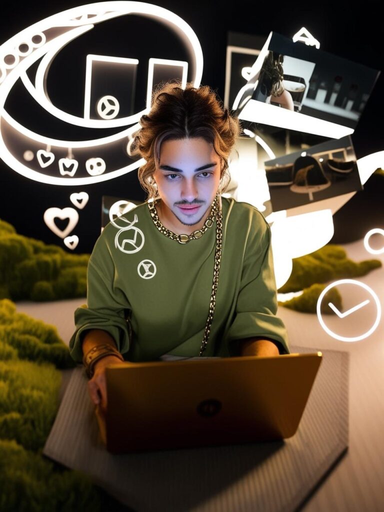 Perdosa usando la computadora para crear contenido ugc para redes sociales