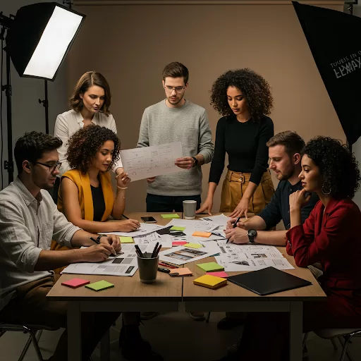 Grupo diverso de personas colaborando en la creación de contenido multimedia en un estudio de producción con cámaras, luces y equipo de sonido.